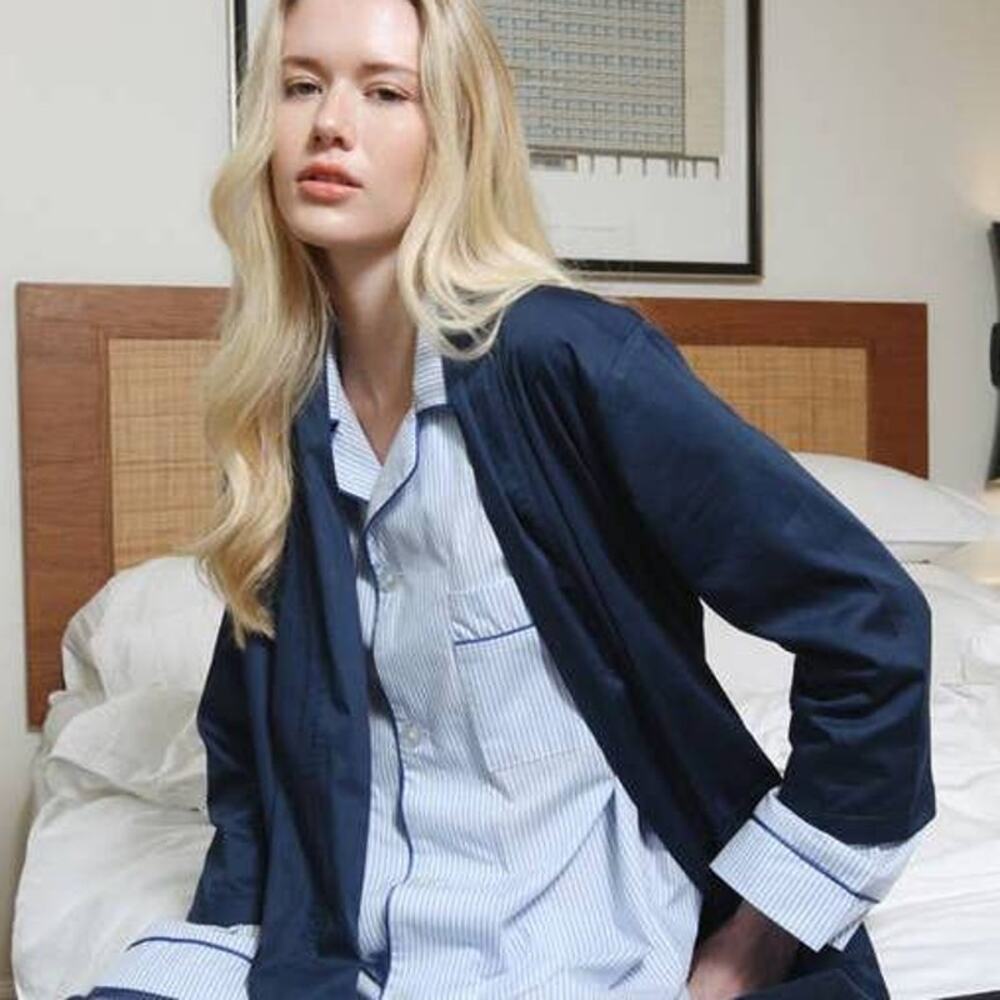 PJ CONFIDENTIAL Zoe NAVY BLUE Cotton Robe L NWT Minimalist Cleangirl HospitalBag